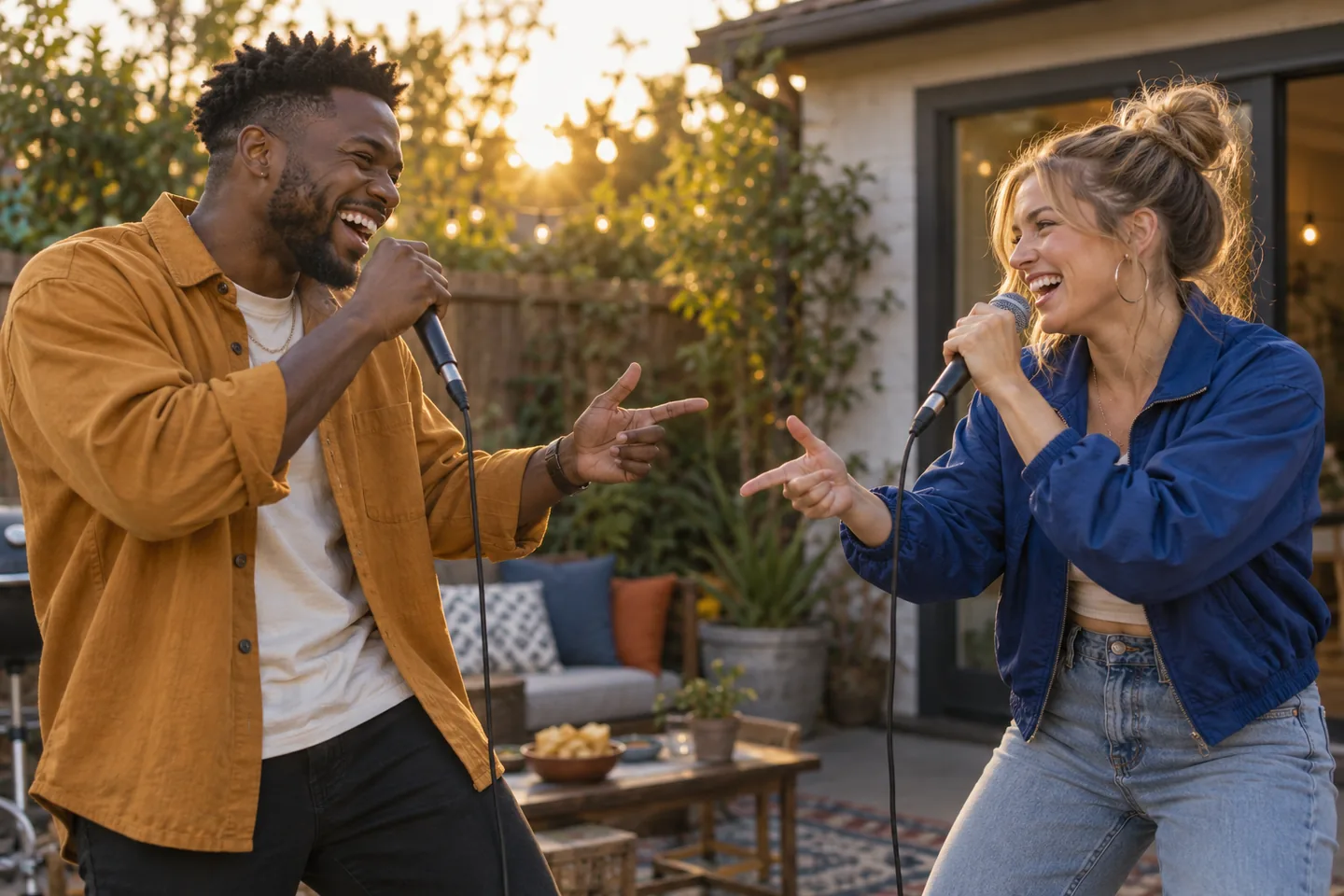 Two adult friends enjoying a friendly backyard rap battle.