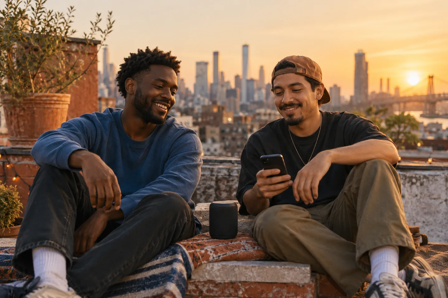 Two adult friends sharing music on a rooftop at sunset.