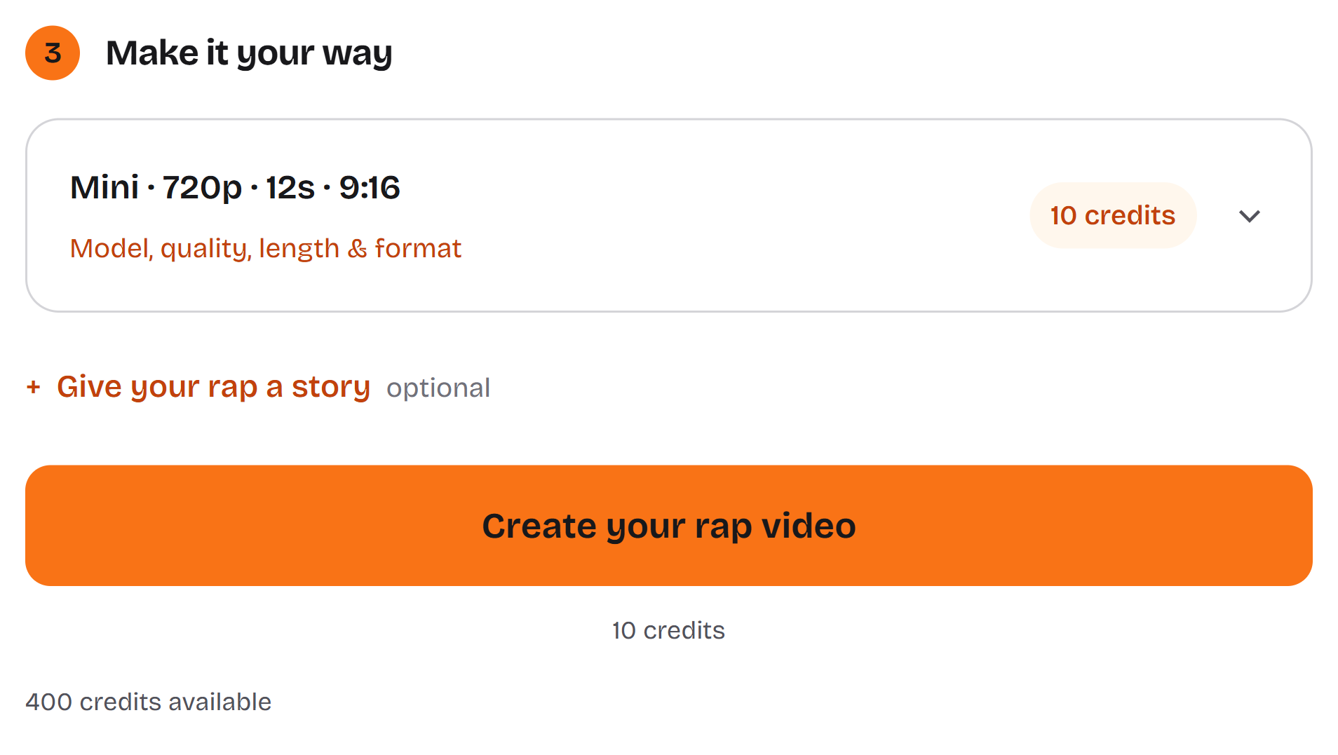 Signed-in AI Rap Duo form showing Mini, 720p, 12 seconds, a 10-credit cost and 400 available credits.