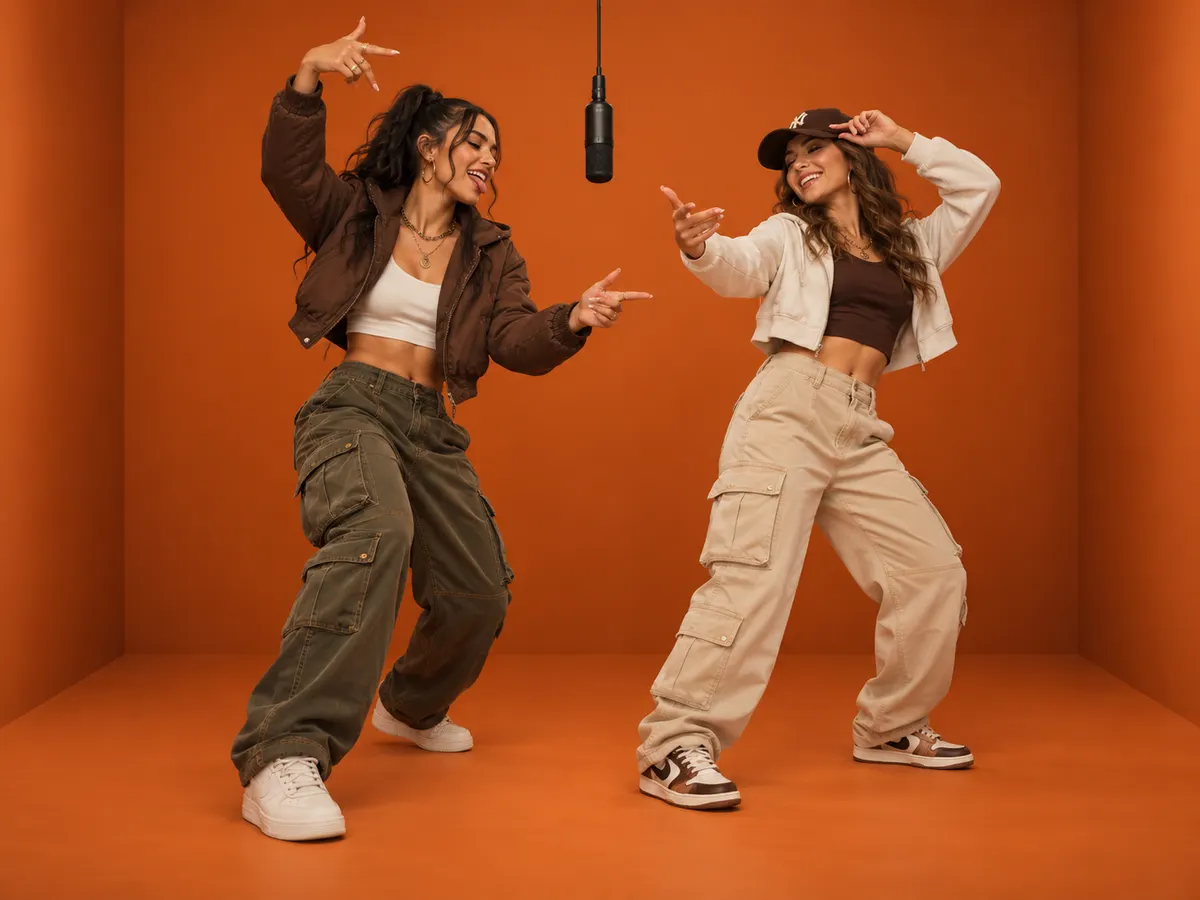 Two dancers in cargo pants and jackets posing on either side of a hanging microphone against an orange wall