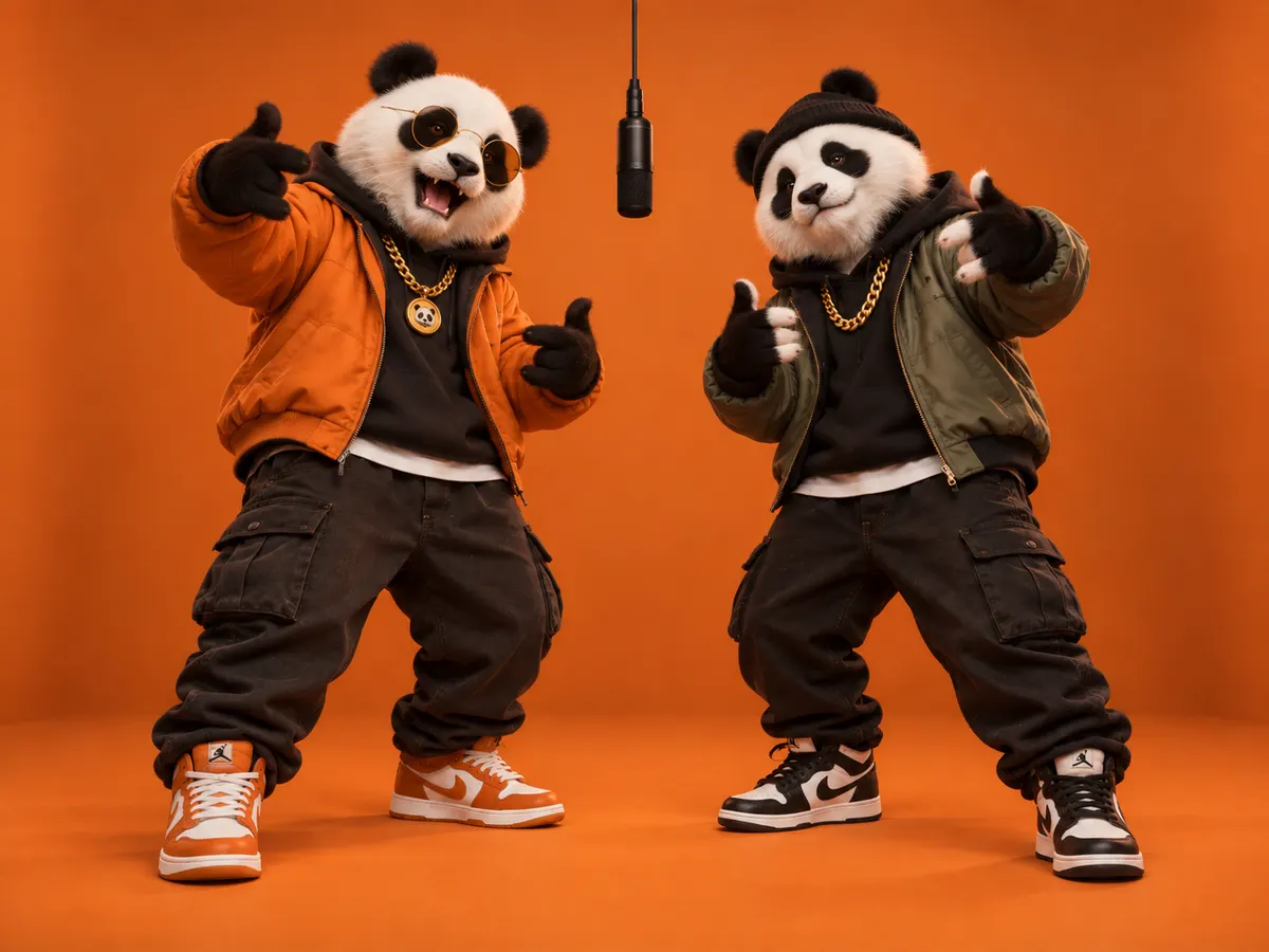 Two pandas in jackets, gold chains and sneakers posing on either side of a hanging microphone on an orange set